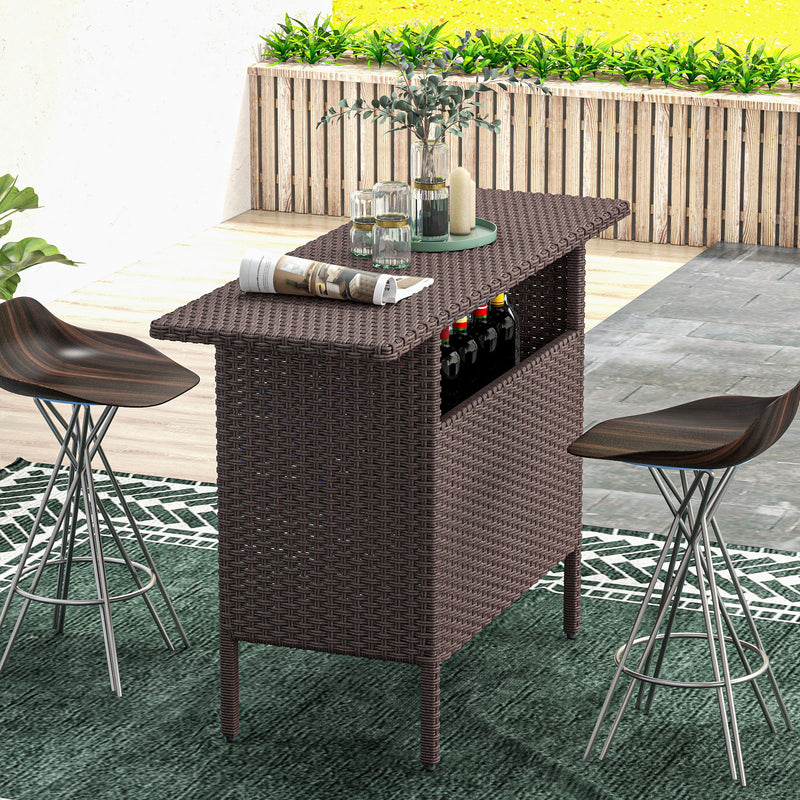 Bar Height Outdoor Rattan Table, Patio Wicker Bar Table with 2 Storage Shelves, 55.1