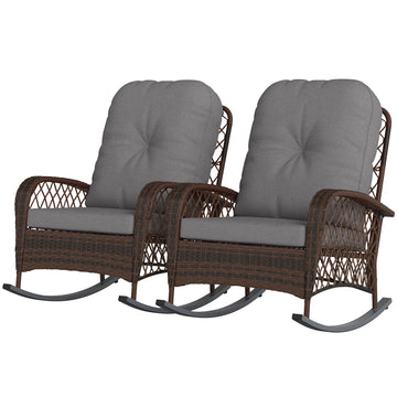 Outdoor Wicker Rattan Rocking Chair Set of 2, Patio Rocker with Thick Cushions for Garden Backyard Porch, Grey