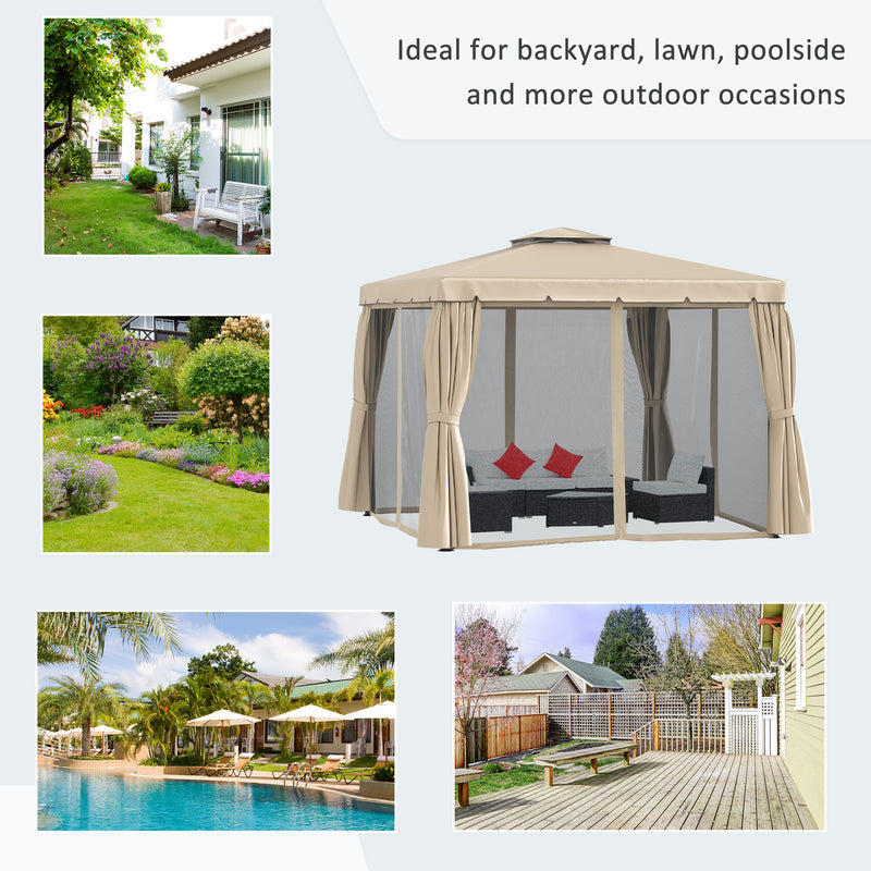 10' x 10' Deck Gazebo with Curtains & Mesh Screen Drapes, Double Roof Canopy Polyester Shade for Backyard Garden