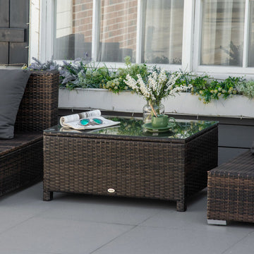 Rattan Wicker Coffee Table with Glass Top Outdoor Garden Patio Furniture Brown Tempered