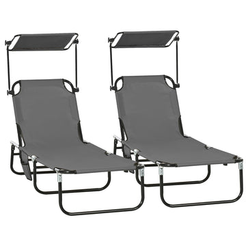 2 Piece Folding Outdoor Chaise Lounges, Pool Tanning Chairs with Reclining Back, Sunshade for Beach, Patio, Dark Grey
