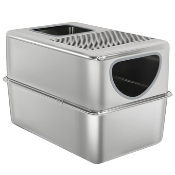 Stainless Steel Cat Litter Box with Lid, Extra Large Enclosed Litter Box with Top Litter-Catching Holes, Scoop, Silver
