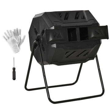 43 Gallon (160L) Tumbling Compost Bin Outdoor Dual Chamber 360° Rotating Composter with Sliding Doors, Solid Steel Frame and Gloves, Black