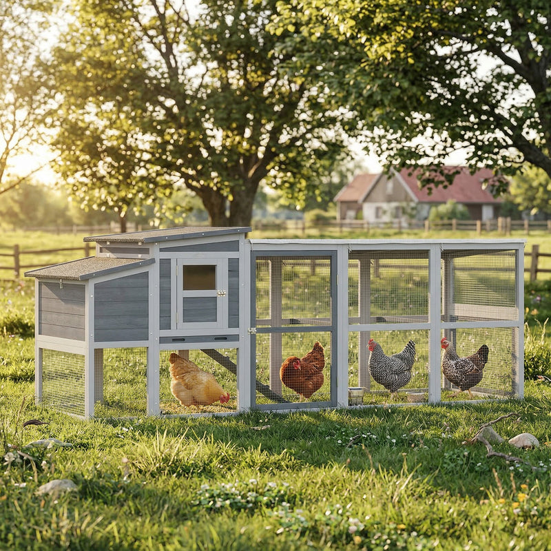 Large Chicken Coop, Wooden Hen House with Covered Run, Nesting Box, Pull-Out Tray, Opening Asphalt Roof