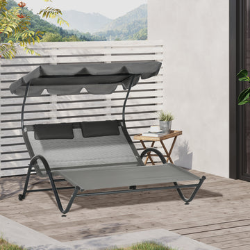 Outdoor Patio Chaise Lounge Chair, Patio Sun Lounger w/ Sunshade Roof, for Two People with Wheels and Breathable Sling Mesh Bed, Pillows, Dark Gray
