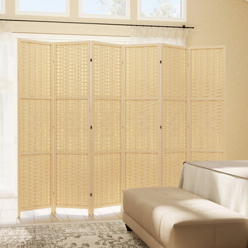 6-Panel Room Divider, 5.6 FT Freestanding Folding Privacy Screen, Partition Wall Divider, Natural Wood