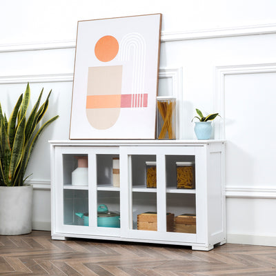 Modern Kitchen Sideboard, Stackable Storage Cabinet, Sliding Glass Door Console, Cupboard Serving Buffet for Kitchen & Dining Room, White