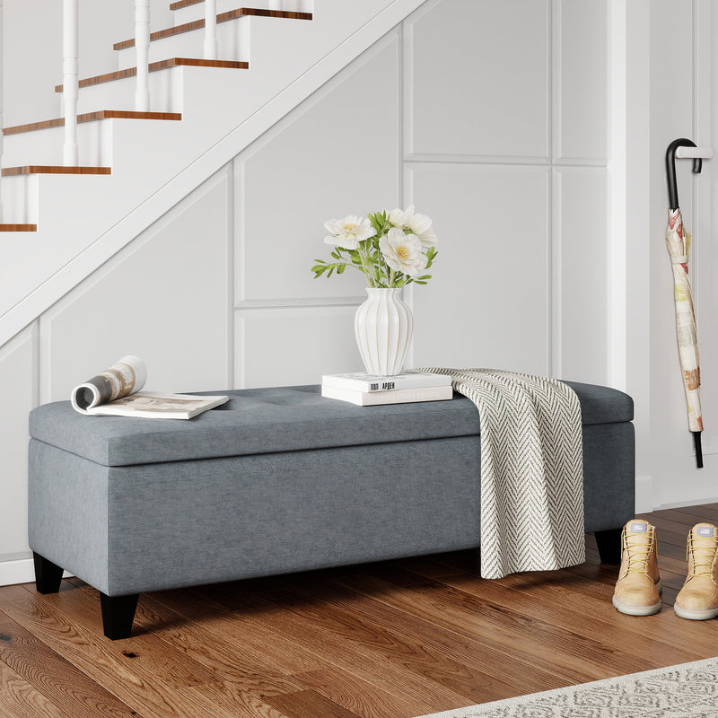Rectangular Entry Bench, Tufted Upholstered Linen Fabric Wood Feet Storage Ottoman Bench, Grey