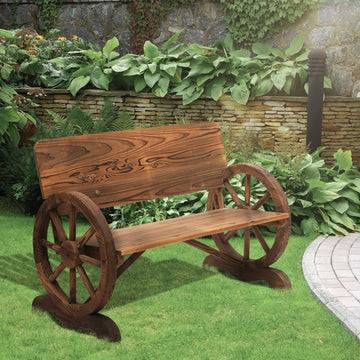 Wooden Wagon Wheel Bench Rustic Design 2 Seater Garden Outdoor Chair High Back Loveseat