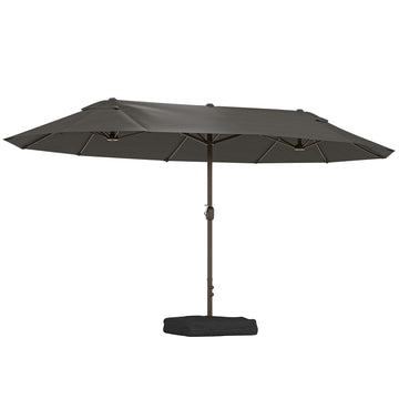 15' Outdoor Patio Umbrella with Twin Canopy Sunshade Steel Table Umbrella with Lift Crank, Cross base, Sandbag, Dark Grey