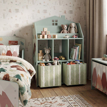 Qaba Kids Bookshelf with Storage, Toy Storage Unit with Book Display, Shelves and Fabric Drawers for Playroom Nursery, Green
