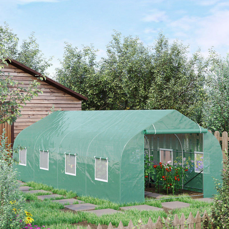 20x10x7ft Walk-in Steeple Greenhouse Outdoor Backyard Plant Seed Growth Tunnel Shed Warm House with 2 Anchor Way, Green