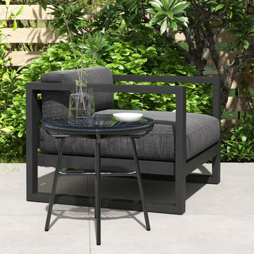 Rattan Side Table, Round Outdoor Table, with Round PE Rattan and Tempered Glass Table Top for Patio, Garden, Black