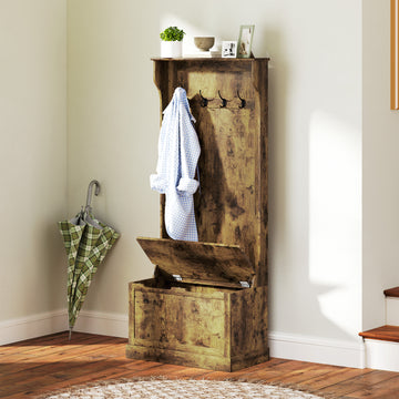 4-In-1 Hall Tree with Coat Rack, Top Shelf, Shoe Storage and Bench Seat, Entryway Bench with 4 Hooks, Rustic Brown