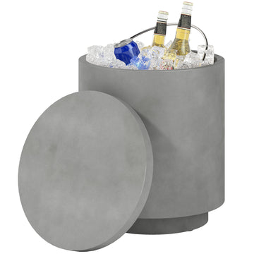 2.6 Gal Outdoor Side Table, 3-In-1 Concrete Cooler Bar Table with Storage, Removable Ice Bucket and Lid, Light Grey
