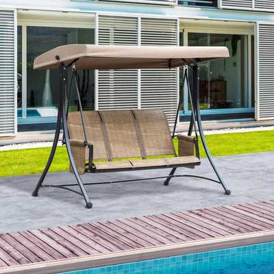 3 Person Porch Swing Outdoor Swing Chair with High Back Design, Side Pouches and Adjustable Canopy