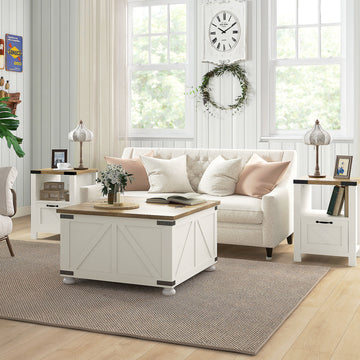 Farmhouse Coffee Table, Square Center Table with Flip-top Lids, Hidden Storage Compartment and Wooden Legs, White