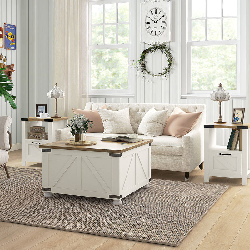 Farmhouse Coffee Table, Square Center Table with Flip-top Lids, Hidden Storage Compartment and Wooden Legs, White