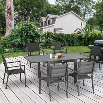 Patio Dining Set for 6, Aluminum Expandable Outdoor Table and 6 Stackable Chairs with Padded Back, Mesh Seat, Dark Grey