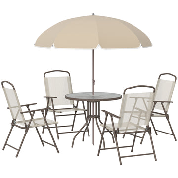 6 Pieces Outdoor Dining Set for 4 with Umbrella Patio Outdoor Furniture Set with Round Table 4 Folding Chairs Cream