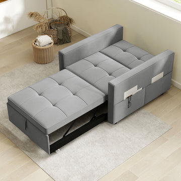 Convertible Chair Bed, Pull Out Sleeper Chair with USB, Adjustable Backrest, Small Velvet Futon Sofa Bed