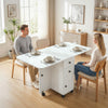 Drop Leaf Dining Table, Mobile Folding Table on Wheels with Drawers and Cabinet for Dining Room, Kitchen, Marble White