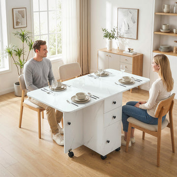 Drop Leaf Dining Table, Mobile Folding Table on Wheels with Drawers and Cabinet for Dining Room, Kitchen, Marble White
