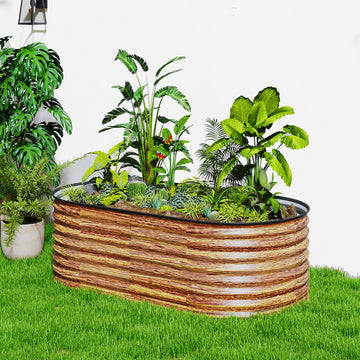 5 x 2.5 x 2 ft Galvanized Raised Garden Bed, Easy DIY Oval Planter Box with Safety Edging and Gloves, Brown Wood Effect