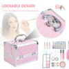 3 Tier Diamond Texture Makeup Train Case Cosmetic Organizer with Mirror, Pink
