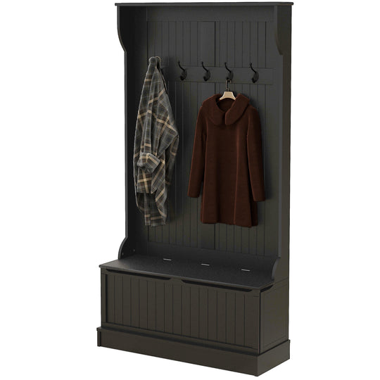3-In-1 Hall Tree w/ Coat Rack, Shoe Storage and Bench Seat, Entryway Bench w/ 4 Hooks for Hallway, Living Room, White