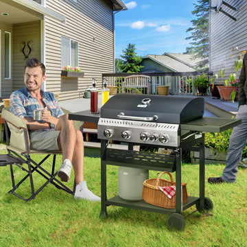 40,000 BTU Propane Gas Grill BBQ Cart with 4 Main Burners, 1 Side Burner, with Warming Rack, Side Prep Tables