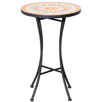 Mosaic Patio Table, Round Coffee Table with Metal Frame, Garden Furniture for Outdoor, Poolside, Yellow & Grey