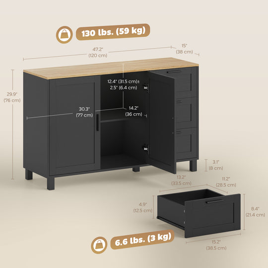 Buffet Cabinet with Soft-Close Doors, Modern Sideboard with 3 Drawers for Living Room, Kitchen, Dining Room, Black