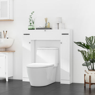 Over the Toilet Storage Cabinet, Freestanding Bathroom Organizers Cabinet with Flip Up Door and Adjustable Shelves for Laundry Room, White