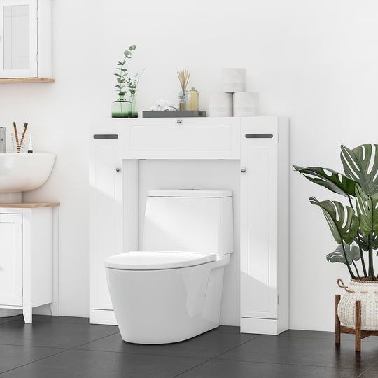 Over the Toilet Storage Cabinet, Freestanding Bathroom Organizers Cabinet with Flip Up Door and Adjustable Shelves for Laundry Room, White