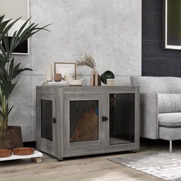 Pet Crate End Table with Water-resistant Cushion or Large Medium Dogs, Grey