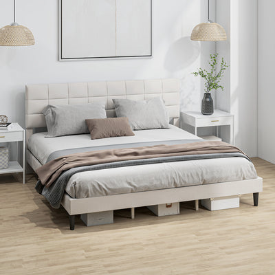 King Size Bed Frame with Upholstered Headboard, Modern Platform Bed Frame with Wood Slats, 1100 lbs Capacity, Cream