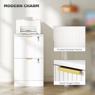 Lockable Filing Cabinet with 2 Fluted Drawers, File Cabinet with Adjustable Hanging Rails for A4 Letter Files, White