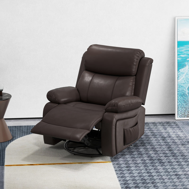 Leather Reclining Chair with Vibration Massage, Swivel Base, Rocking Function, Remote Control, Brown