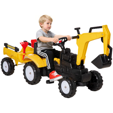 Aosom Ride on Tractor for Kids, Pedal Construction Car with Horn & Detachable Trailer for 3 Year Old, Yellow