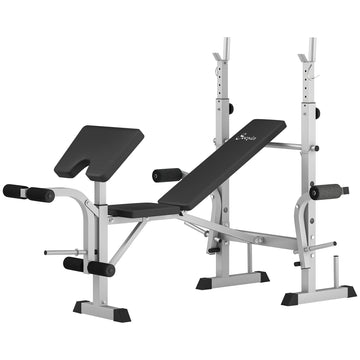 Soozier Bench Press Set Adjustable Weight Bench with Squat Rack, Preacher Curl Pad, Leg Developer and Weight Storage, Light Grey