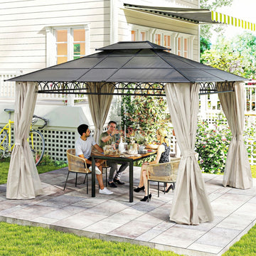 10' x 12' Outdoor Gazebo Canopy, Double Roof Hardtop Gazebo with Polycarbonate Roof, Steel Frame, Nettings and Curtains, for Garden, Lawn, Backyard and Deck, Beige