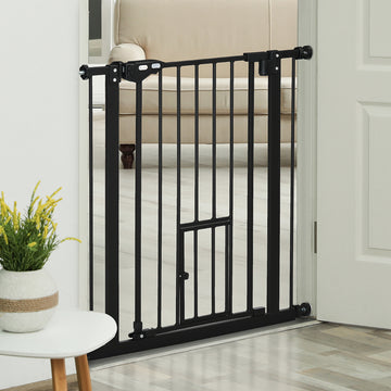 Retractable Gate Extra Wide Press-Mounted with Cat Door, Auto Closing Pet Gate for Stair, Hallway, 29-32 Inch