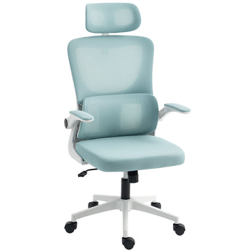 High Back Office Chair, Mesh Computer Chair with Rotatable Headrest, Lumbar Back Support, Adjustable Height, Light Blue