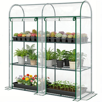 3 Tier Mini Greenhouse, Portable Greenhouse with 2 Roll-up Doors, 56.3