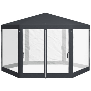 Φ13' Hexagon Party Tent Patio Gazebo Outdoor Activity Event Canopy Quick Sun Shelter Pavilion with Netting Mesh Sidewall, Dark Grey