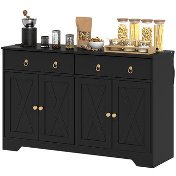 Buffet de cuisine avec 2 tiroirs, 4 portes de grange et 2 étagères réglables, table de buffet pour salon, noir