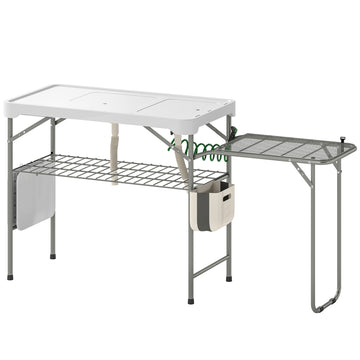 Fish Cleaning Table Folding Sink Portable Camping Sink with Side Shelf & Bottom Rack for Outdoor White