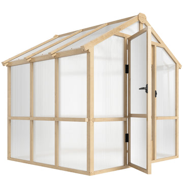 6.6 x 6ft Polycarbonate Greenhouse Wooden Green House with Thickened Polycarbonate Sheets, Lockable Door, Brown