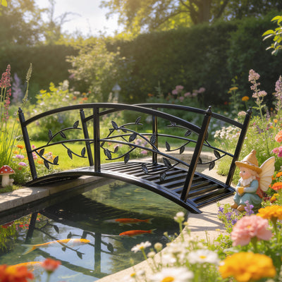 4 FT Metal Garden Bridge with Safety Railings, Outdoor Pond Bridge, Arch Decorative Footbridge for Creek Stream